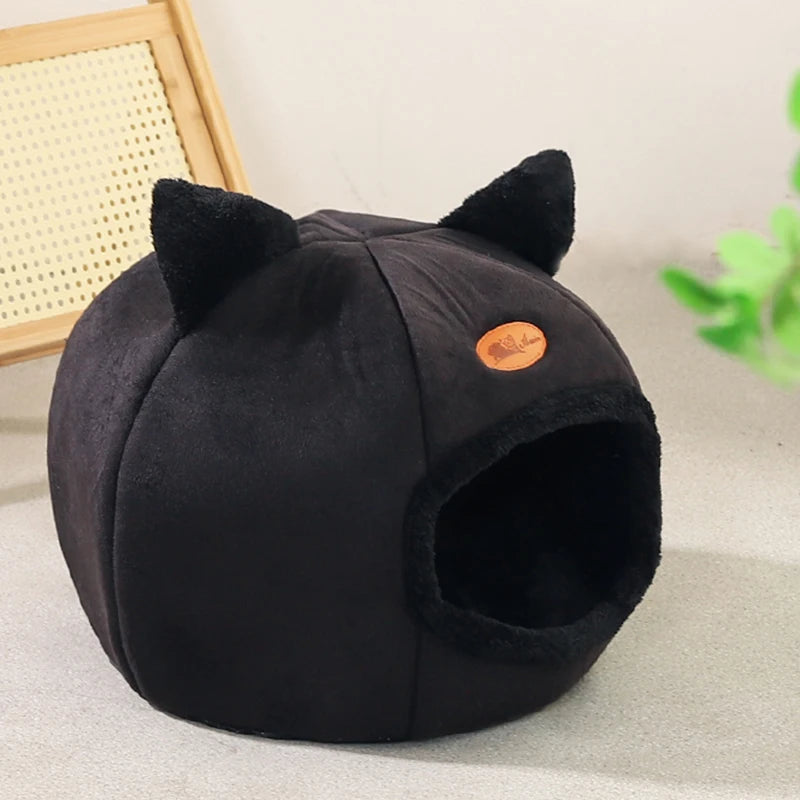 Cat Head Shape Plush Cave Bed – Warm, Non-Slip & Semi-Enclosed Cat House