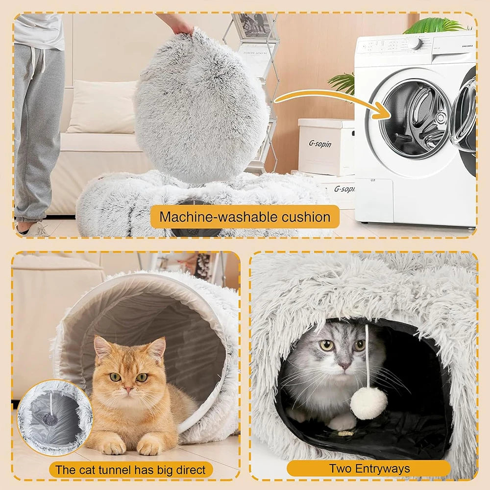 Cozy Plush Cat Tunnel Bed – 2-in-1 Foldable Nest with Removable Cover