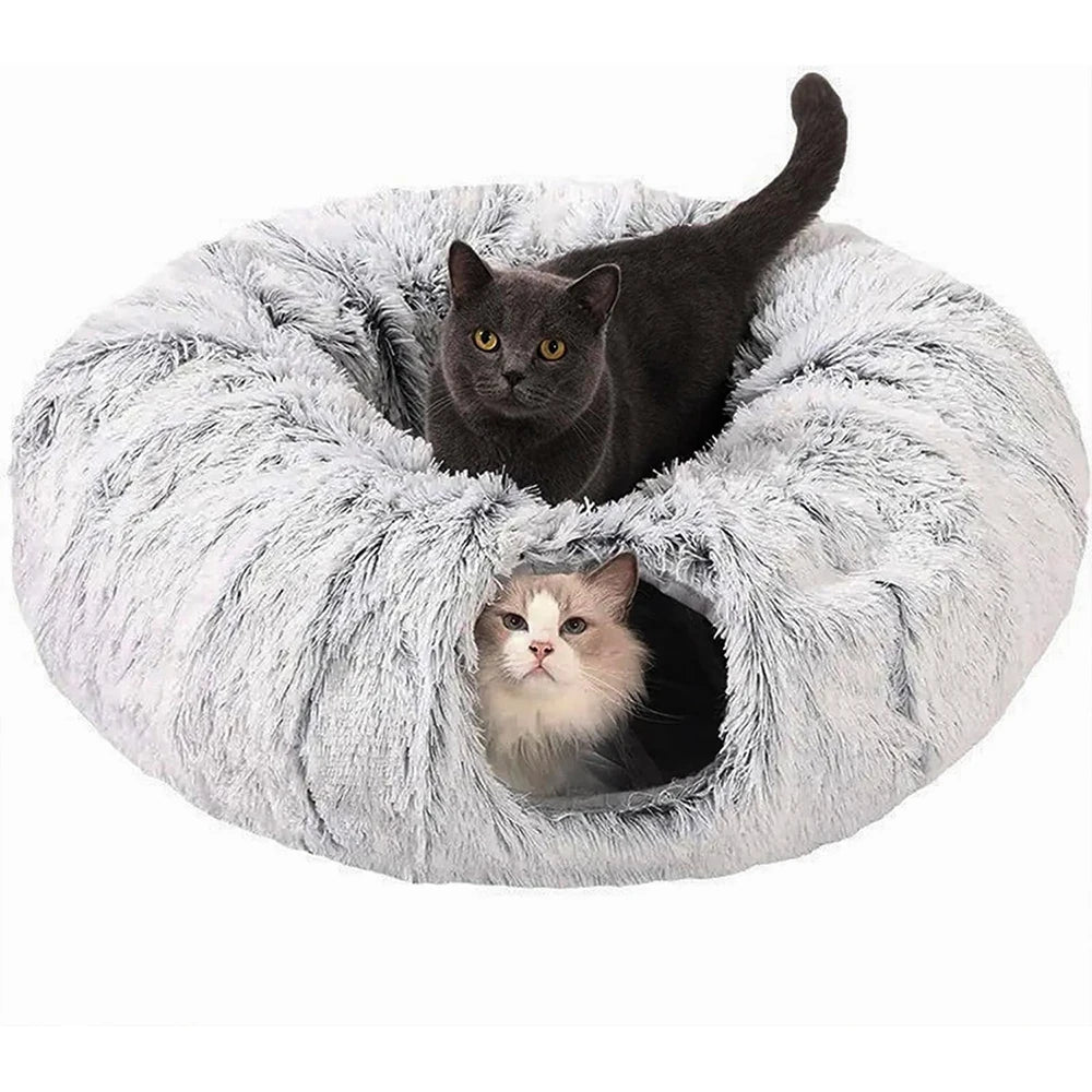 Cozy Plush Cat Tunnel Bed – 2-in-1 Foldable Nest with Removable Cover