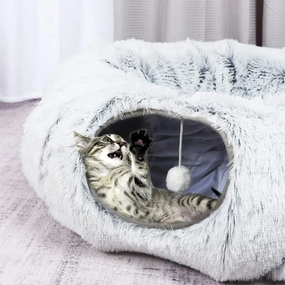 Cozy Plush Cat Tunnel Bed – 2-in-1 Foldable Nest with Removable Cover