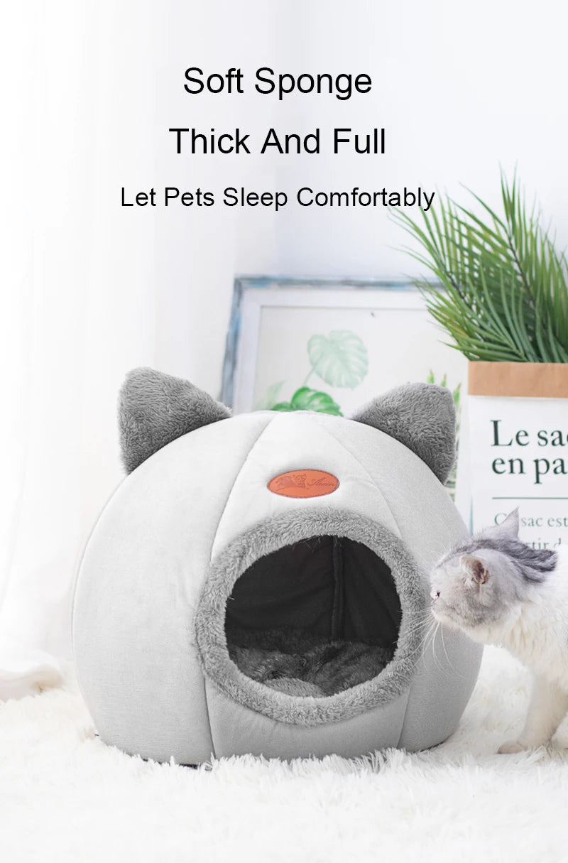 Cat Head Shape Plush Cave Bed – Warm, Non-Slip & Semi-Enclosed Cat House