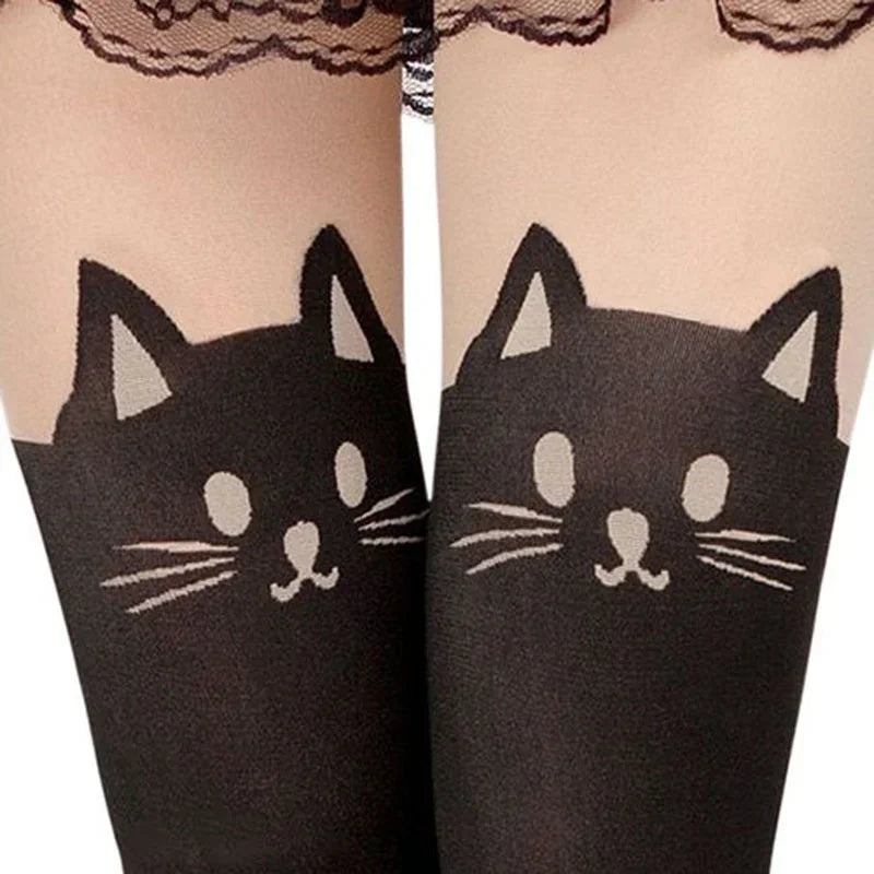 Black Cat Print Thigh High Socks – Cute Cat Lover Knee Socks