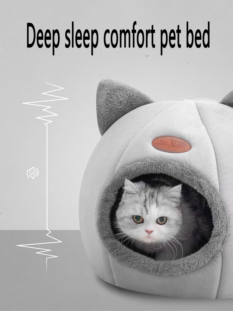 Cat Head Shape Plush Cave Bed – Warm, Non-Slip & Semi-Enclosed Cat House