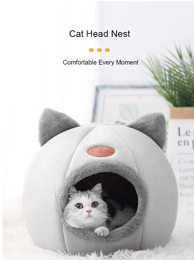 Cat Head Shape Plush Cave Bed – Warm, Non-Slip & Semi-Enclosed Cat House