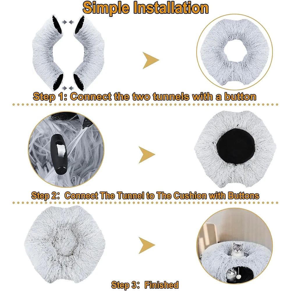Cozy Plush Cat Tunnel Bed – 2-in-1 Foldable Nest with Removable Cover