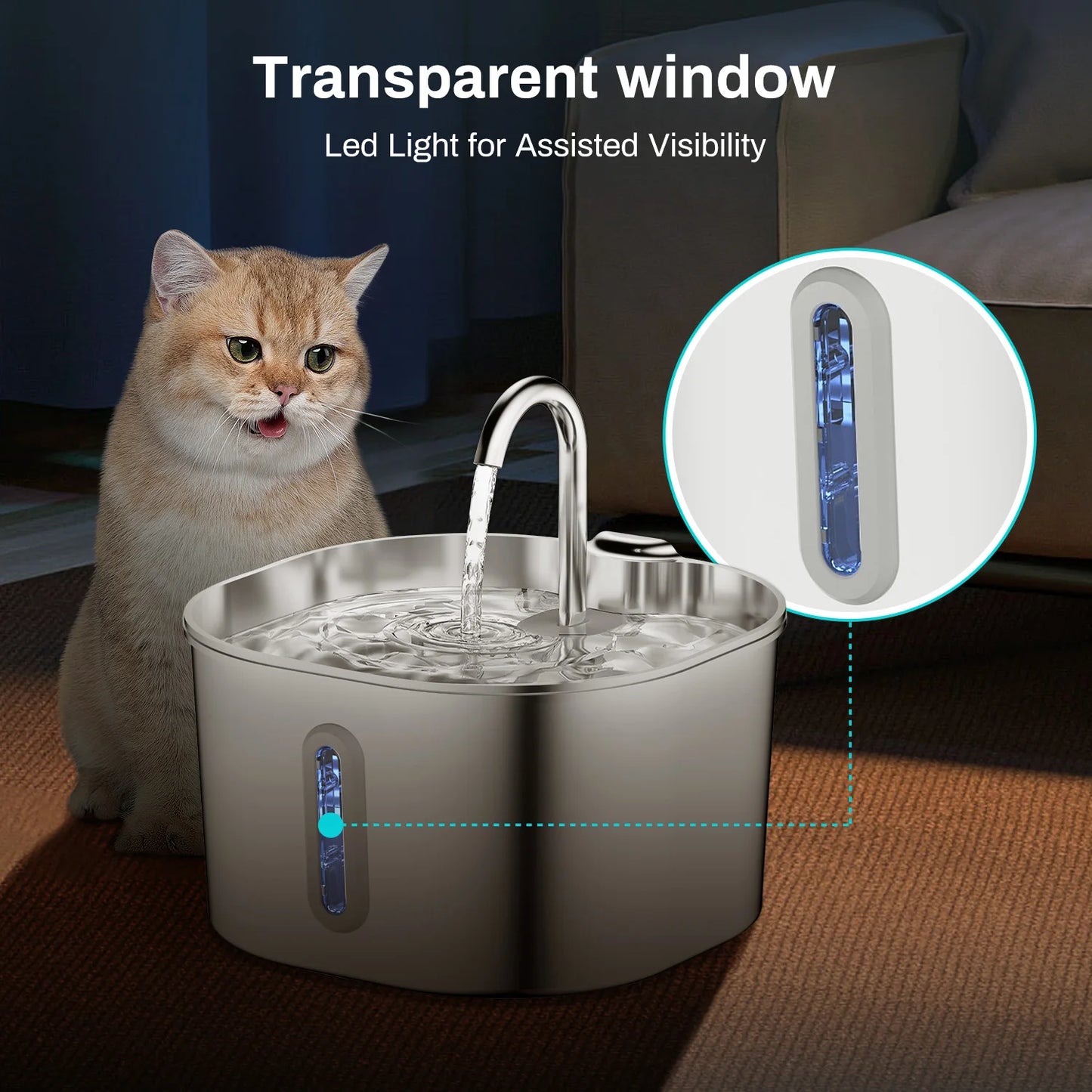 Stainless Steel Cat Water Fountain – 2.2L Auto Filter with Sensor