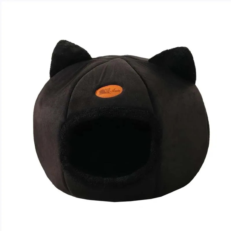 Cat Head Shape Plush Cave Bed – Warm, Non-Slip & Semi-Enclosed Cat House
