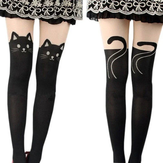 Black Cat Print Thigh High Socks – Cute Cat Lover Knee Socks