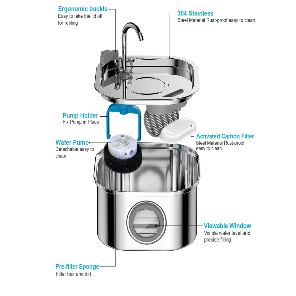 Stainless Steel Cat Water Fountain – 2.2L Auto Filter with Sensor