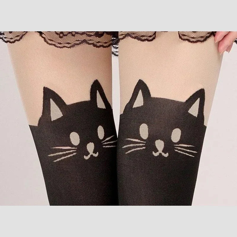 Black Cat Print Thigh High Socks – Cute Cat Lover Knee Socks