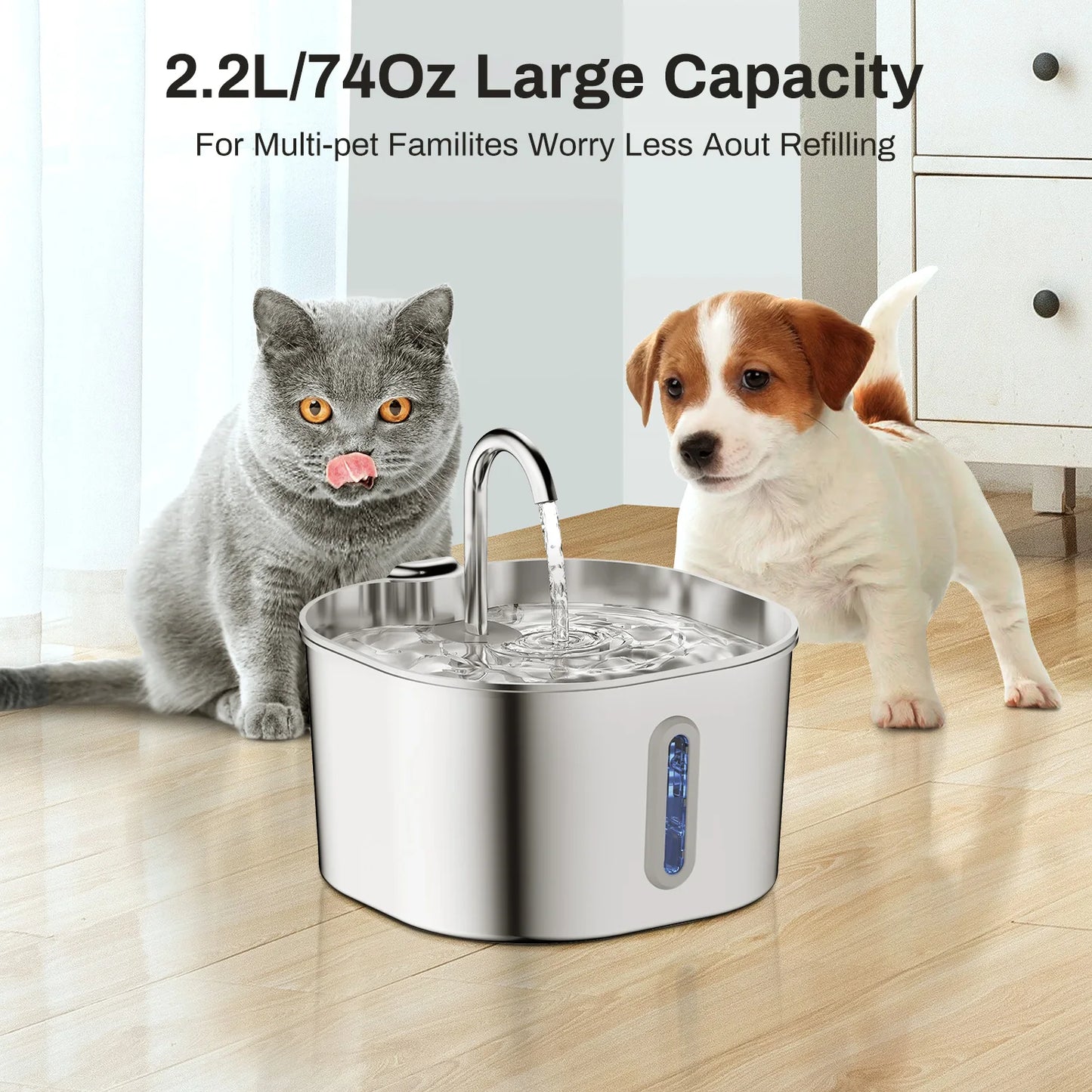 Stainless Steel Cat Water Fountain – 2.2L Auto Filter with Sensor