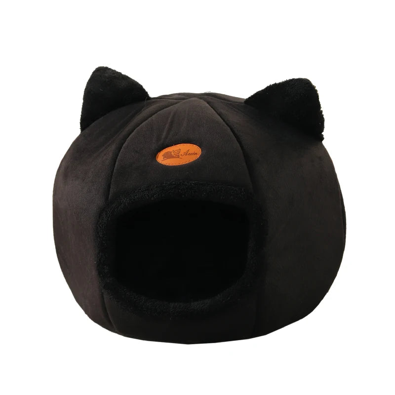 Cat Head Shape Plush Cave Bed – Warm, Non-Slip & Semi-Enclosed Cat House
