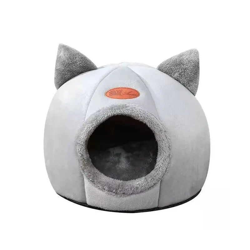 Cat Head Shape Plush Cave Bed – Warm, Non-Slip & Semi-Enclosed Cat House