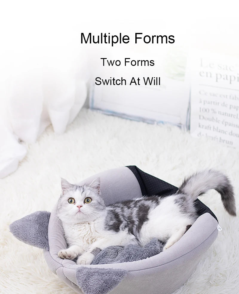 Cat Head Shape Plush Cave Bed – Warm, Non-Slip & Semi-Enclosed Cat House