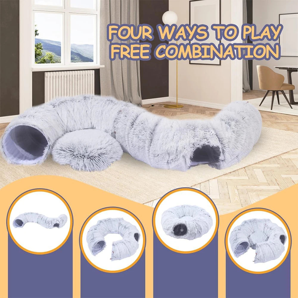 Cozy Plush Cat Tunnel Bed – 2-in-1 Foldable Nest with Removable Cover