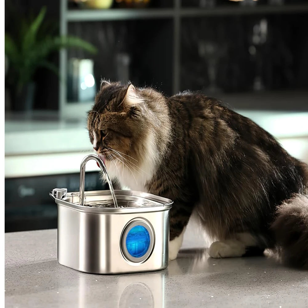 Stainless Steel Cat Water Fountain – 2.2L Auto Filter with Sensor