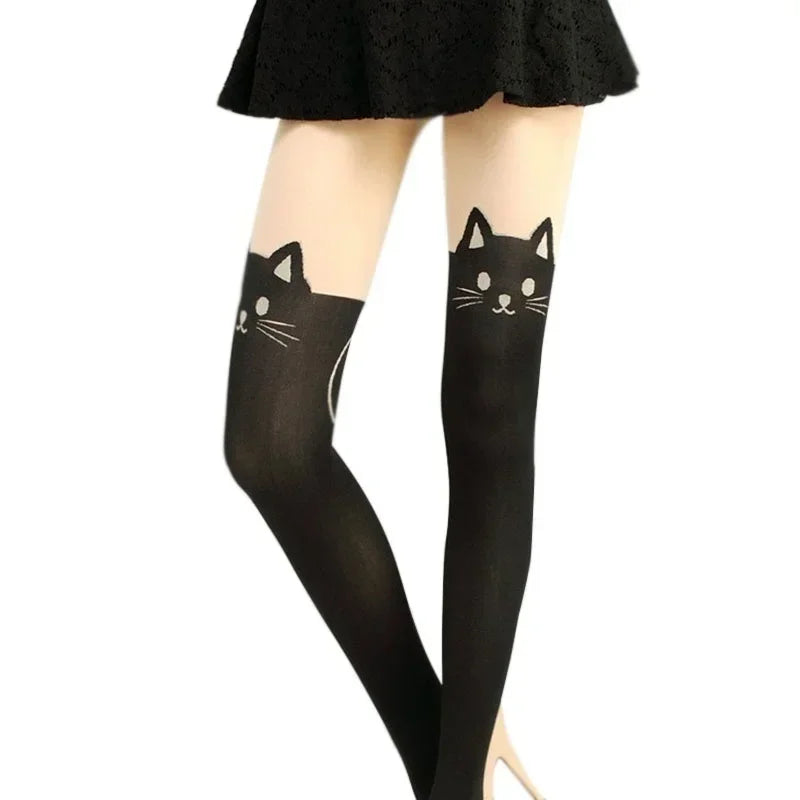 Black Cat Print Thigh High Socks – Cute Cat Lover Knee Socks