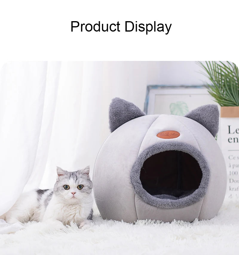Cat Head Shape Plush Cave Bed – Warm, Non-Slip & Semi-Enclosed Cat House