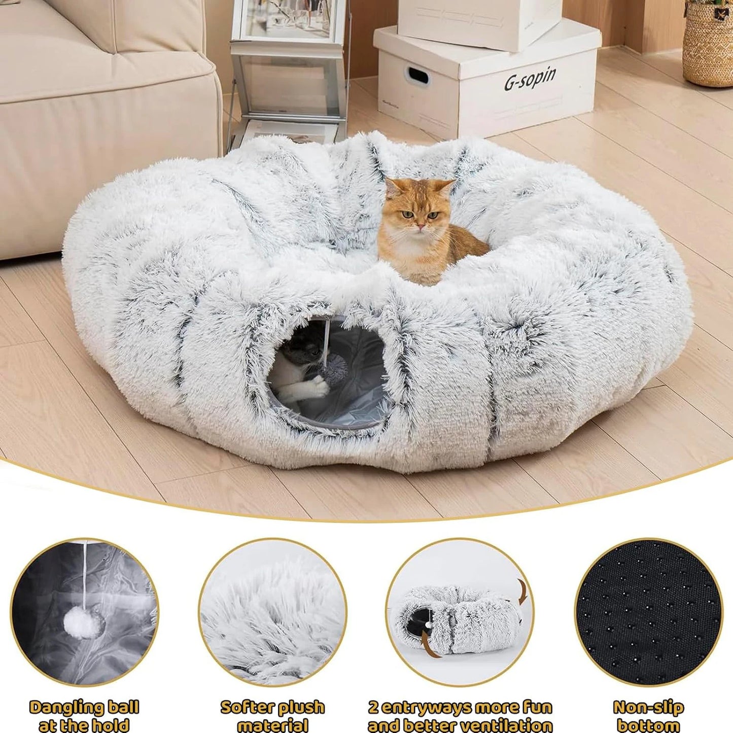 Cozy Plush Cat Tunnel Bed – 2-in-1 Foldable Nest with Removable Cover