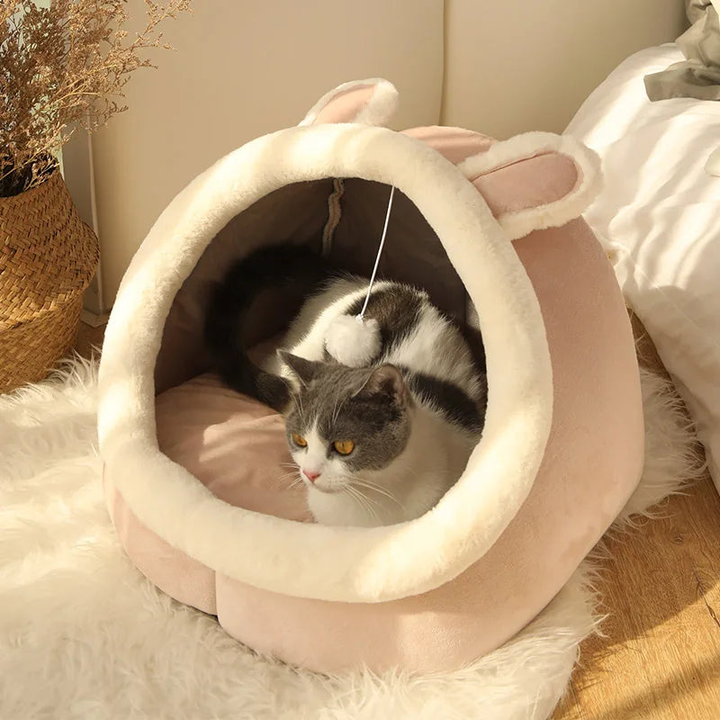 Foldable Cat Cave Bed with Animal Ear Design – Washable, Breathable & Cozy for Cats and Small Dogs